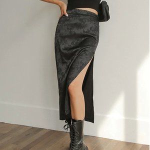 Floral Satin Slit Midi Skirt